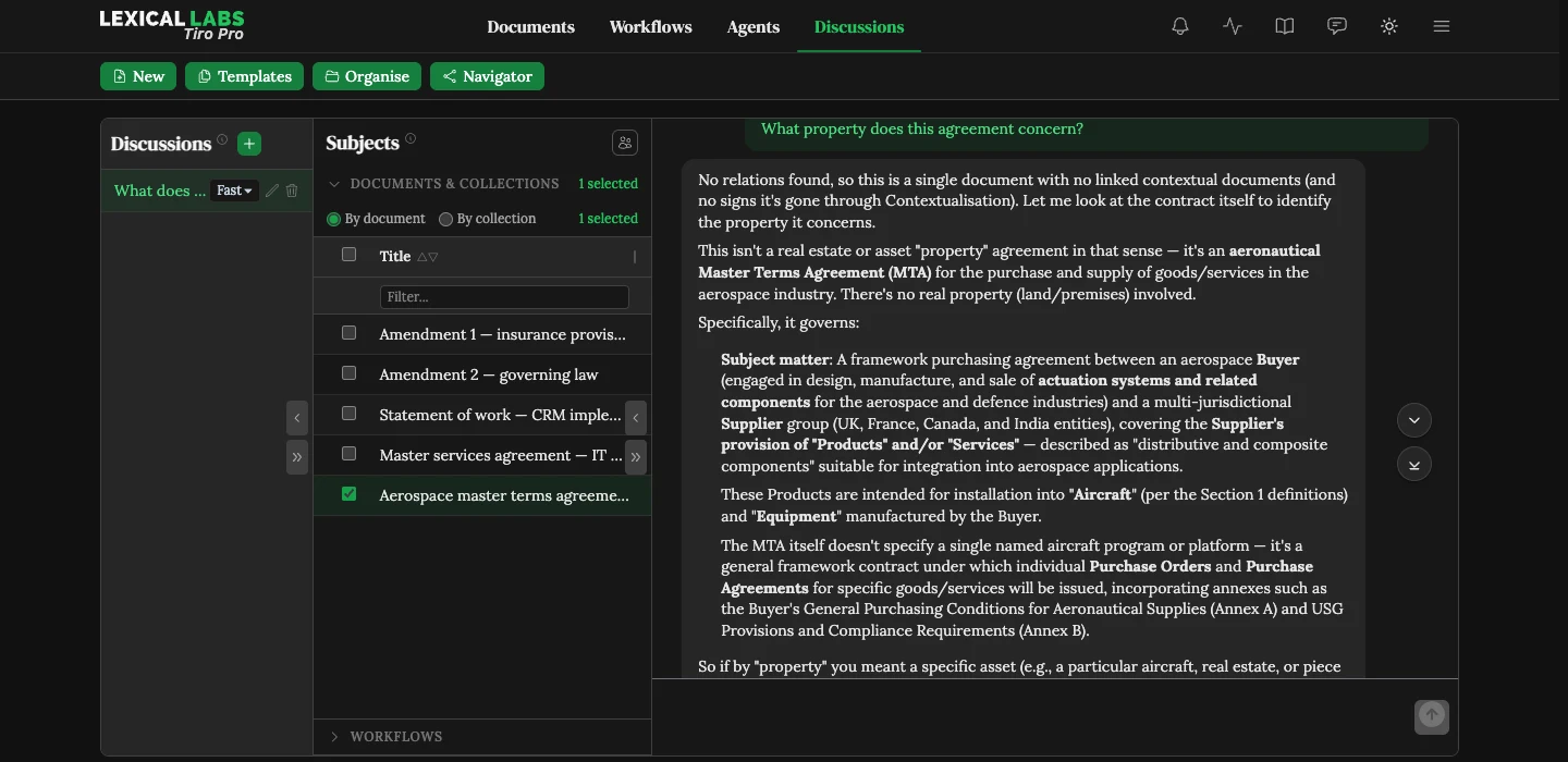 A Tiro Pro discussion: the agent answers a question about an aerospace master terms agreement, with the attached document shown in the subjects panel