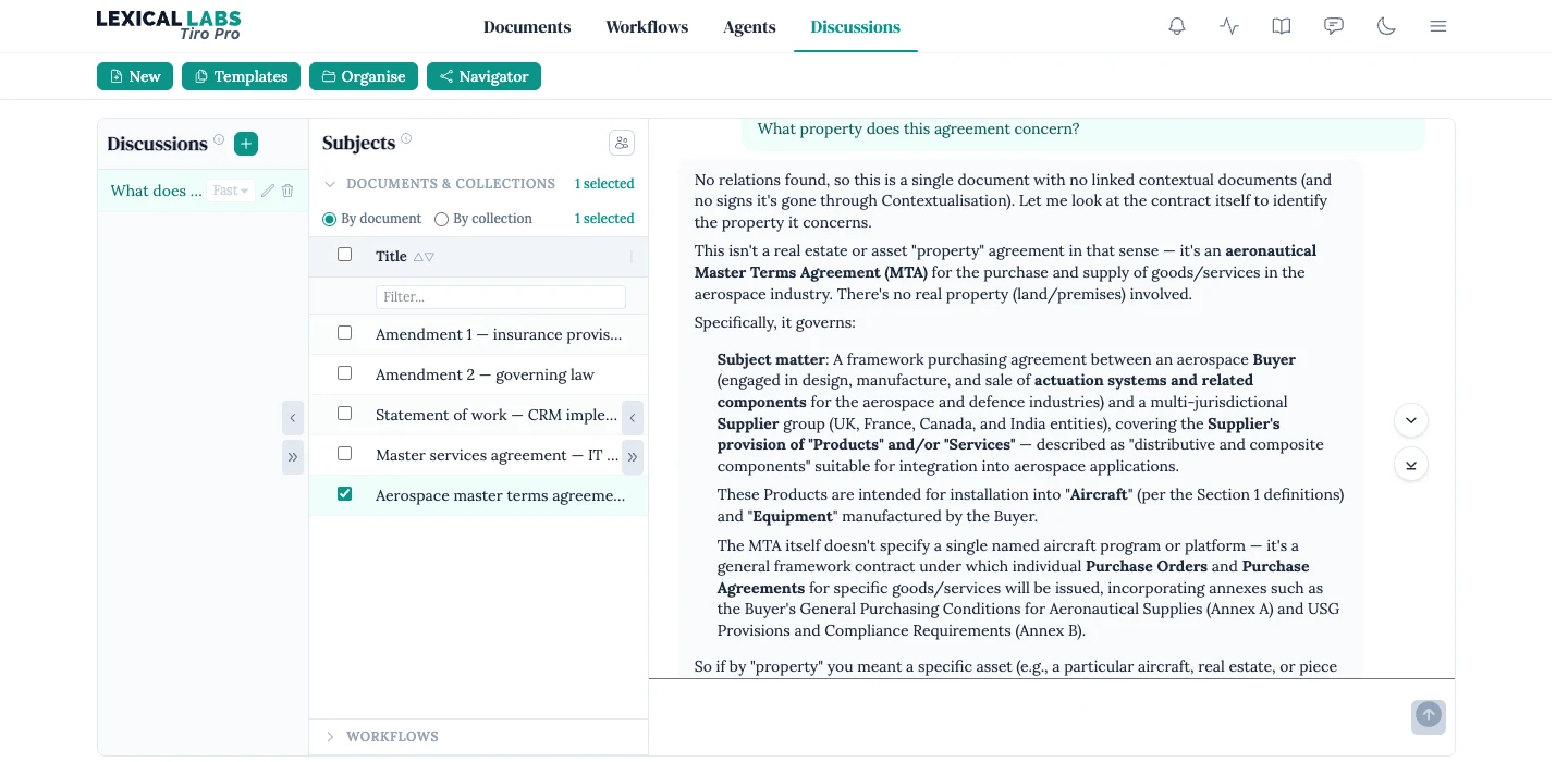 A Tiro Pro discussion: the agent answers a question about an aerospace master terms agreement, with the attached document shown in the subjects panel