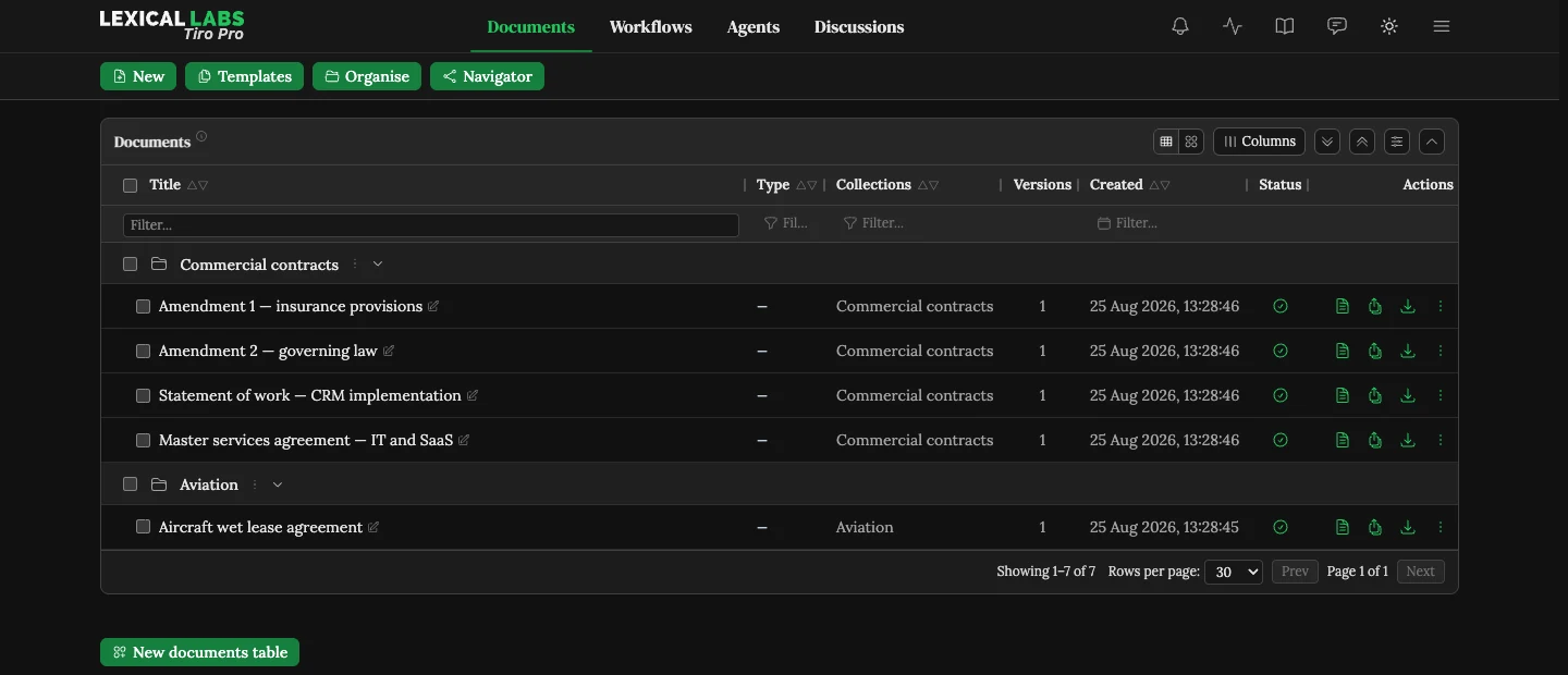 The Tiro Pro documents table, with documents grouped into commercial contracts and aviation collections