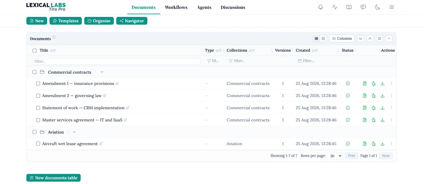 The Tiro Pro documents table, with documents grouped into commercial contracts and aviation collections