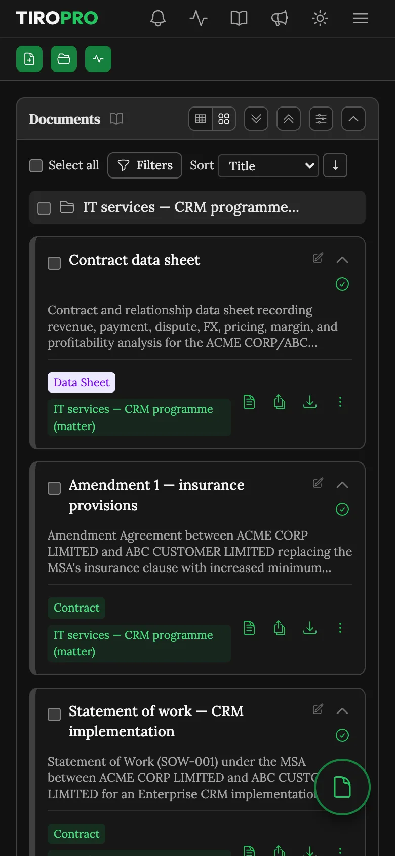 The Tiro Pro documents library on a phone, with the matter's documents shown as cards