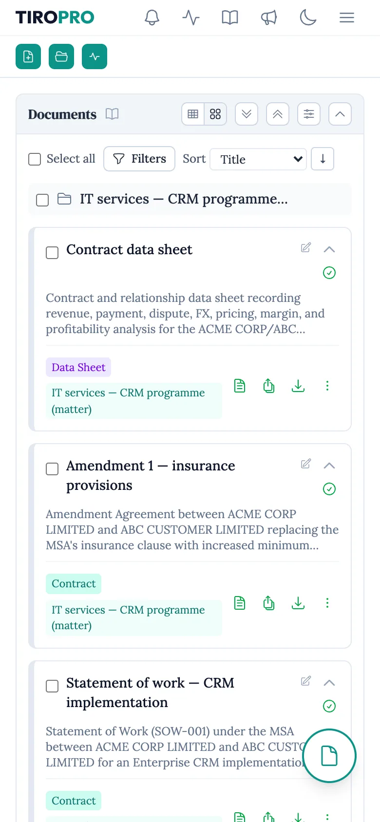 The Tiro Pro documents library on a phone, with the matter's documents shown as cards