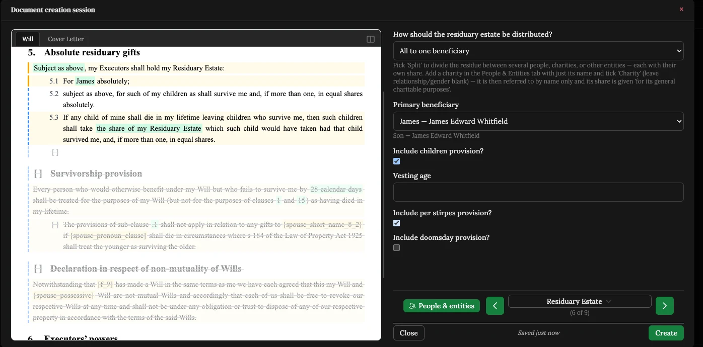 A document creation session in Tiro Pro: a will's live preview on the left, with the testator and executor filled in, and the questionnaire's executors section on the right