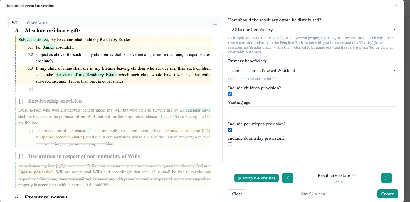 A document creation session in Tiro Pro: a will's live preview on the left, with the testator and executor filled in, and the questionnaire's executors section on the right
